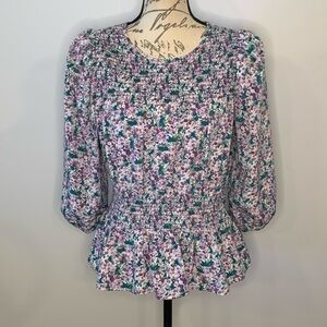 Pleione floral smocked puff sleeve peplum top M
